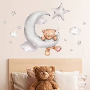 Adesivi Murali in PVC con Luna Cartoon e Orso Dormiente, Decorazioni con Nuvole e Stelle per Camerette e Asili, Arte Murale Rimovibile Fai-da-Te - Product Image 2