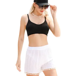 2024高品质防眩光沙滩裤白色蕾丝流苏女式短裤