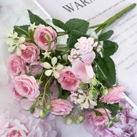 Buket Mawar Buatan Kecil Berwarna Pink Campuran dengan Daun Hijau, Bunga Palsu untuk Dekorasi Meja Rumah & Pernikahan.
