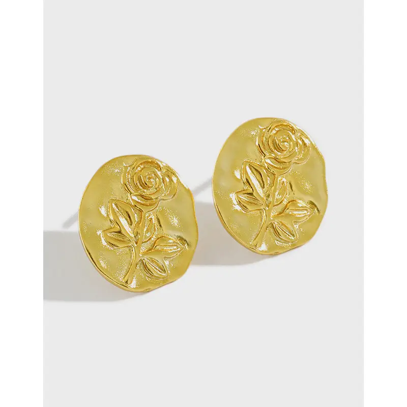 VIANRLA 925 Sterling Silver Flower Stud Earrings Round Gold Plated Rose Stud Earrings For Women