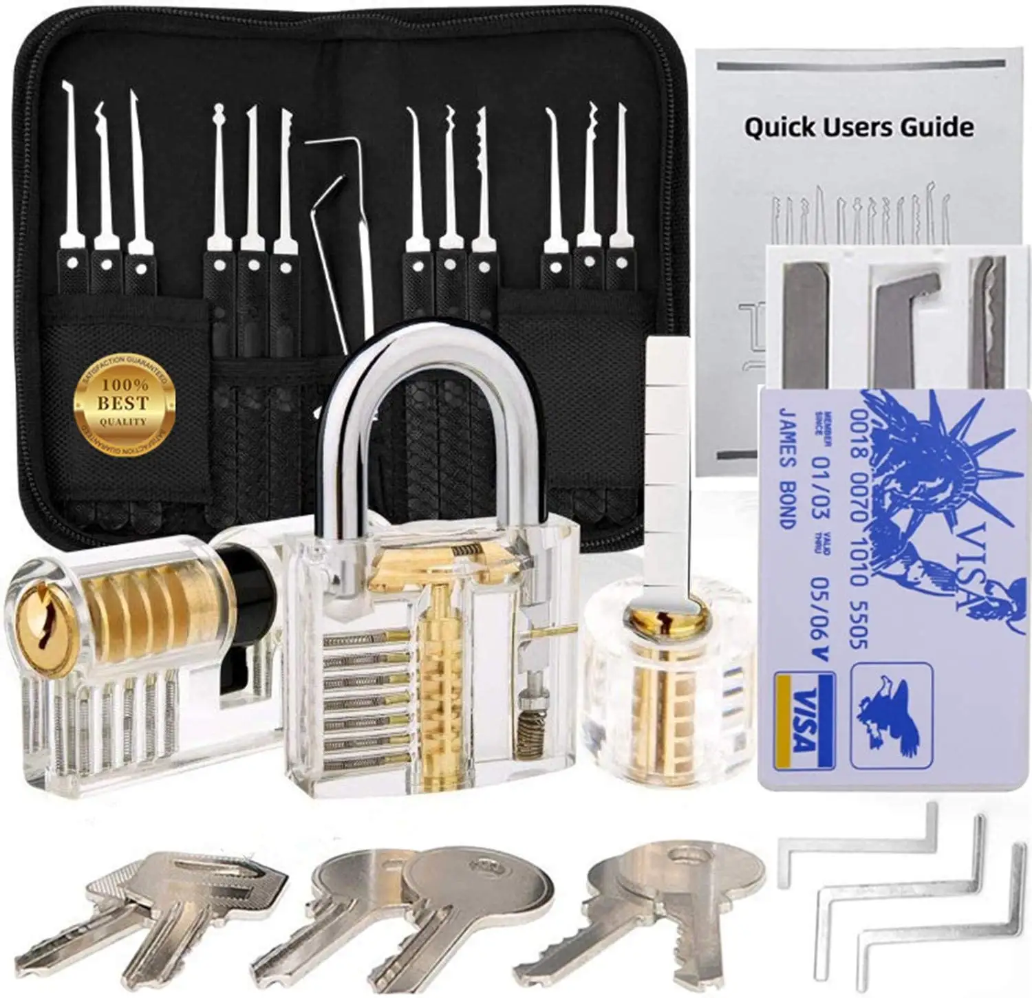 17Pcs with 3 locks card Unlocking Lock Pick Set Key Extractor Transparent Practice Padlock Tool