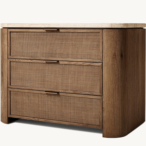 American-style Solid Wood High-<b>end</b> Luxury Bedside <b>Table</b>, with a Rattan Design on the Exterior and a Stone Tabletop. - Product Image 1