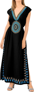 2022 verano Casual elegante mujer negro señoras cuello en V profundo bordado Maxi vestido con abertura lateral - Product Image 3
