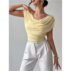 FOXA Top corto de malla ligero con capa drapeada y cintura fruncida para mujer, elegante y casual para el verano - Product Image 4