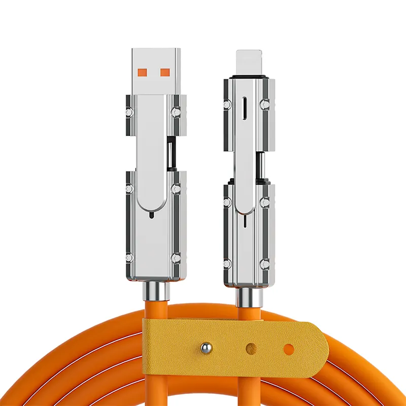 Kabel pengisian daya USB C 100W 4 in 1, kabel pengisian daya cepat Transfer Data silikon tahan lama untuk kabel iPhone