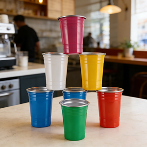 Gobelets jetables écologiques Pint 2026 de 16 oz (500 ml) en acier inoxydable rouge bicolore pour bar de piscine, bière, fêtes et boissons à emporter - Product Image 1