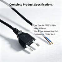 Câble d'alimentation européen VDE OEM 250V 2.5A EU 2 broches, cordon d'alimentation CA européen H03VVH2-F, câble à fiche Euro, extrémité dénudée et étamée
