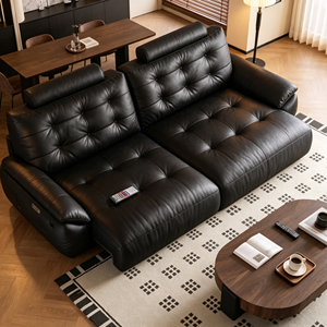 Sofá Seccional Moderno de Cuero Genuino Negro con Respaldo Acolchado y Función Reclinable para Sala de Estar - Product Image 3