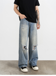 <strong>Custom</strong> <strong>Label</strong> Drop Ship Stock Street Wear Stock Baggy <strong>Jeans</strong> Manufacturer Men Blue Painted Stacked Flared Denim <strong>Jeans</strong> - Product Image 2