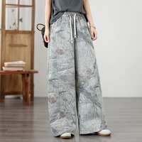 2026 En gros Pantalon en jean à jambe large pour femme, taille haute élastique avec cordon de serrage, imprimé floral Woodland, vert sauge discret, grande taille