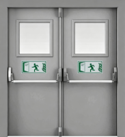 Porte coupe-feu moderne à double battant en acier, porte de secours avec barre anti-panique et panneau de vision pour usage commercial
