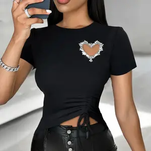 Women Casual O-neck Pullover Top 2024 Summer Women Clothing Diamonds Slim Black Short T-shirts