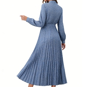 Robe longue plissée à pois pour femme, col noué, manches longues, fluide, style vintage décontracté, tendance - Product Image 2