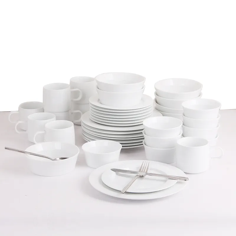Aparelho de jantar de cerâmica branca, alta temperatura, placas, panela, sopa, pote, prato plano, com caneca, café terno