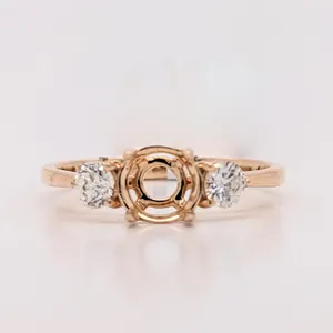 Custom Ring 9K 10K 14K 18K Three Stone Round Prong Setting Ring Semi Mount Ring For Jewelry Making Supplies