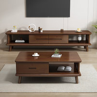 Ensemble meuble TV et table basse en bois massif, style nordique moderne et minimaliste, avec rangement, entièrement assemblé, petit format