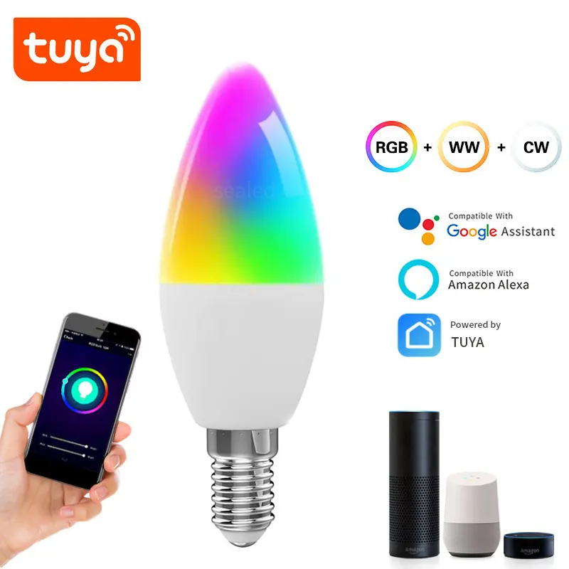 5 Wát rgbcw nến LED ánh sáng bóng đèn tuya wifi thông minh E14 E12 bằng giọng nói điều khiển từ xa với Google assissant Alexa cuộc sống thông minh