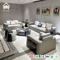Hochwertiges Echtleder-Sofa-Set mit Burl-Holz-Seitenwänden, Silberverzierung und Marmortisch, Maßgefertigtes Wohnzimmer-Set, Komplette Villen-Möblierung