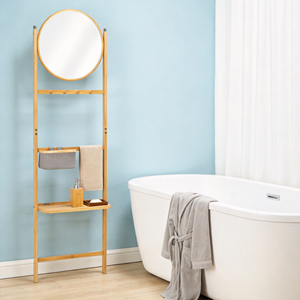 Moderno Portasciugamani Multifunzionale in Bambù per Bagno con Specchio, <span class=keywords><strong>Cestino</strong></span> e Rastrelliera Non Pieghevole per Vestiti e Coperte - Product Image 5