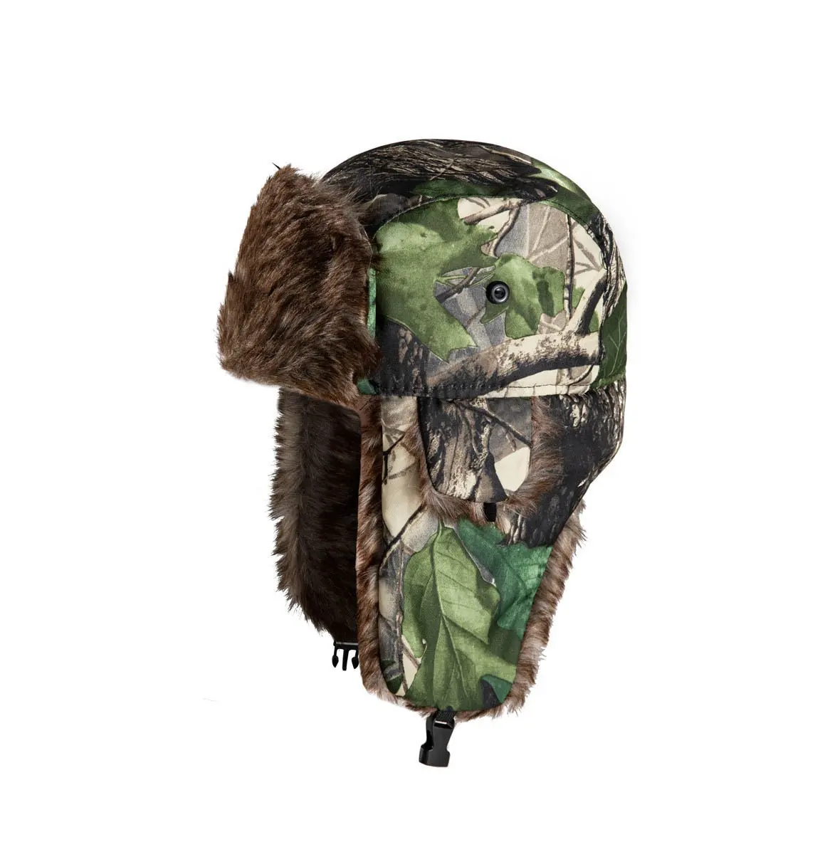 रूसी शैली यूनिसेक्स सर्दियों वन Camo Trooper टोपी ब्राउन नकली फर अस्तर के साथ