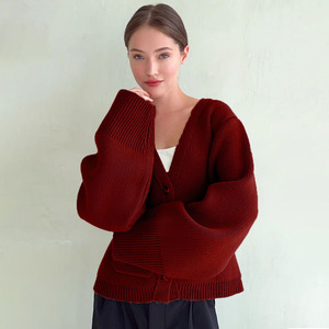 V-Neck Pocket Knitted Cardigan Loose Long Sleeve Solid Color Women's Sweater Autumn Winter Style - Product Image 2
