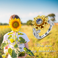 Bijoux fins en argent sterling 925 je t'aime 100 langues pierre fleur de tournesol bague pour les femmes