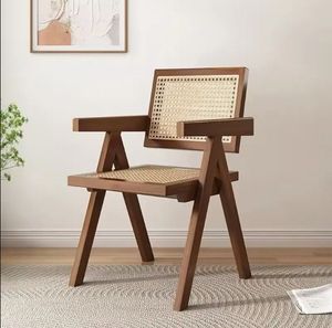 Chaise de salle à manger en rotin et bois massif de style nordique, mobilier moderne au design épuré pour la maison, les restaurants et les cafés, avec dossier - Product Image 4