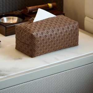 Boîte à mouchoirs en cuir de luxe, beige, marron, noir, blanc, texture rotin, imperméable, grande capacité, pour salon, chambre à coucher, voiture - Product Image 5