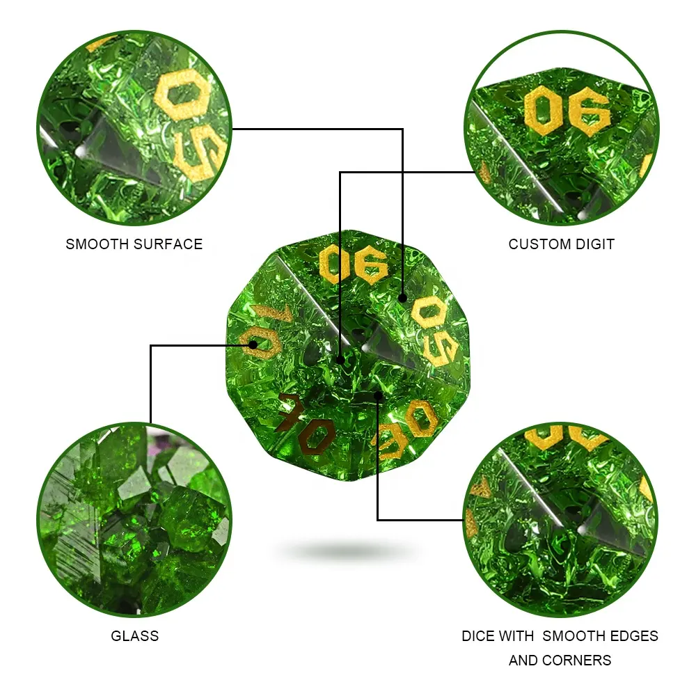 Vendita all'ingrosso pietre preziose poliedrici dadi di vetro DND RPG verde Burst dadi di cristallo per dungeon e draghi