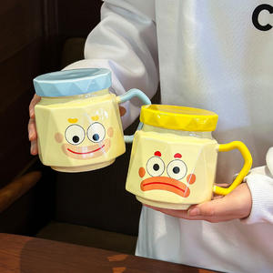 Taza de cerámica Zuo Mu con tapa y asa, taza reutilizable de estilo de dibujos animados para uso general, regalo - Product Image 5