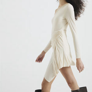 Women Asymmetric Neckline <strong>Dress</strong> Ruched Detailed Skirts Creamy Color <strong>Hanky</strong> <strong>Hem</strong> Shorts <strong>Dress</strong> - Product Image 4