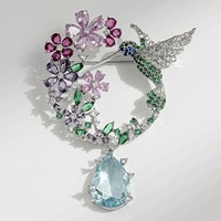 Bros Hummingbird Mikro Berlapis Tembaga dengan Zirkon Warna-warni, Liontin Bunga, Hadiah Pernikahan/Pertunangan Wanita