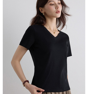 Camiseta de Cuello en V para Mujer, 75% Algodón Mercerizado, 25% Poliéster, Etiqueta Personalizada, 240 g/m², Camisetas Lisas de Algodón Pima para Damas - Product Image 3