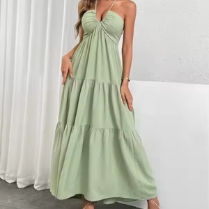 Robe longue trapèze en jean personnalisée de haute qualité pour femme, col en V uni, vert, style décontracté élégant, buste froncé, taille élastique, été - Product Image 1