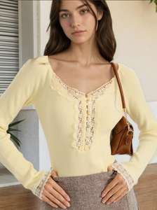 Maglione da donna 2026 in <span class=keywords><strong>maglia</strong></span> a maniche lunghe, tinta unita, slim fit, con inserti in pizzo patchwork stile western - Product Image 2