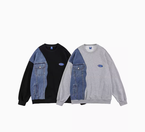 Streetlux High Street Cowboy Splicing Hoodie Hombres Primavera y otoño Nueva tendencia de Hip Hop Diseño suelto Sense All Round Neck Shirt - Product Image 3