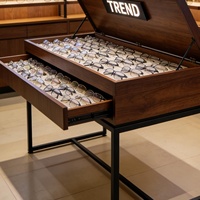 Table de présentation optique moderne de luxe en bois robuste sur mesure avec tiroirs et éclairage LED, design écologique pour magasin de lunettes