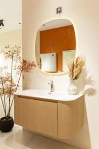 Mueble de Baño Flotante con Bordes Curvos en Madera de Roble, Gabinete de Pared con <span class=keywords><strong>Espejo</strong></span> LED Irregular, Entrega Rápida - Product Image 5