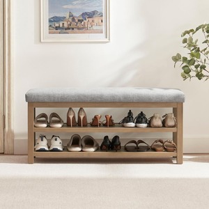 Banc en bois <span class=keywords><strong>avec</strong></span> coussin et tiroir dissimulé, meuble <span class=keywords><strong>d</strong></span>'<span class=keywords><strong>entrée</strong></span> à 2 niveaux <span class=keywords><strong>avec</strong></span> coussin, étagère à chaussures en bois massif de style mid-century, mobilier moderne pour la maison - Product Image 5