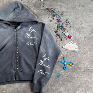 Sweat-shirts à capuche zippés Streetwear personnalisés, 450 g/m², impression sérigraphique, effet vieilli, délavé à l'acide, effet soleil, avec strass - Product Image 5