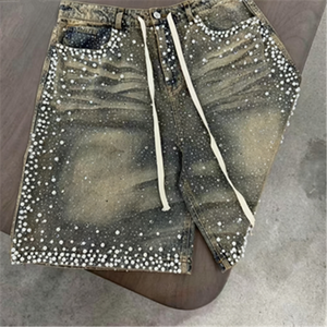 Custom <strong>Men</strong> Full Rhinestone Denim Shorts Casual Baggy Beading Acid Washed Vintage Jorts - Product Image 3