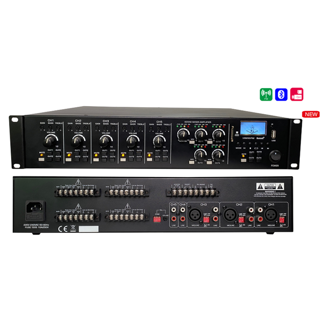 New Merged matrix 4-partition Broadcast Amplifier with MIC and Fantasy Voltage 24V, CH1 Has Priority