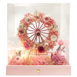 발렌타인 데이 빛나는 창조적 인 선물 보존 장미 꽃 로맨틱 전기 관람차 아크릴 선물 상자 여자 친구