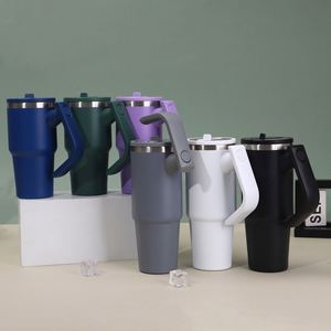 D5003 Gobelet de voyage isotherme réutilisable en acier inoxydable 30/40oz avec poignée, couvercle et paille rabattable, performance thermique 6-12h - Product Image 1