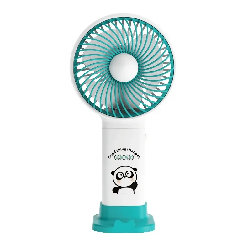 Wholesale Cute patterns hand-held Rechargeable Fan with base comes with phone holder USB charging mini handheld fan portable fan