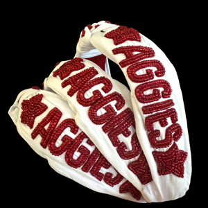 Handmade Adjustable Embroidered Aggies <b>Headband</b> White Cotton Red Beaded Letters Star Design <b>Sports</b> Fan Accessory Curio Craft - Product Image 1