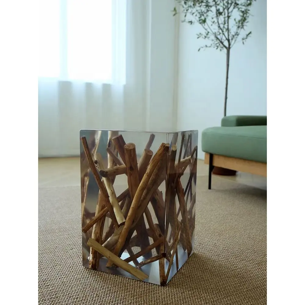 Silla de resina de lujo para sala de estar, taburete de tronco de árbol, madera sólida increíble con cristal transparente epoxi, mesas laterales