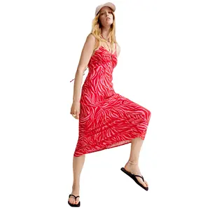Yüksek kalite özel OEM yeni tasarım yaz kadın seksi Midi Bohemian elbise Polka baskı askı boyundan bağlamalı elbise