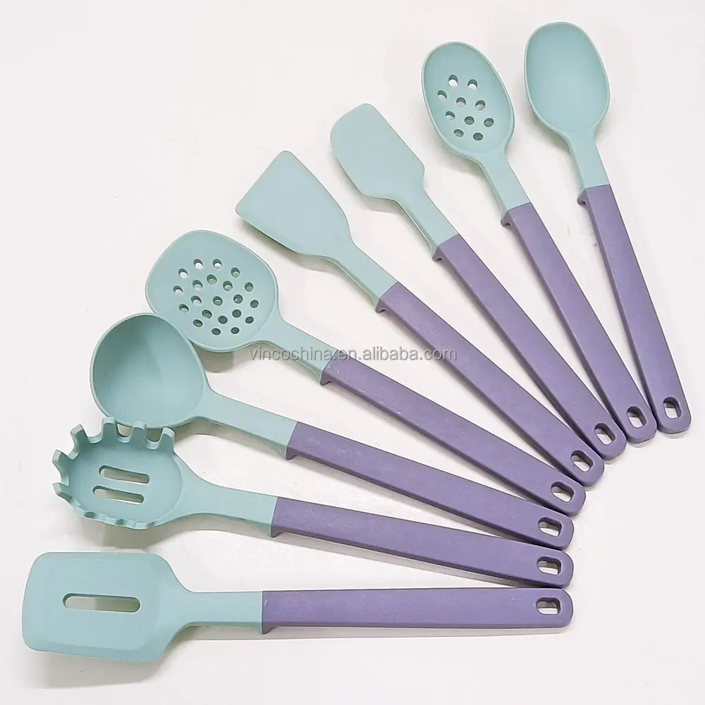 Heat Resistant Kitchen Chef 8Pcs Silicone + Nylon Cooking Utensil Set With Integrated Tool Rests