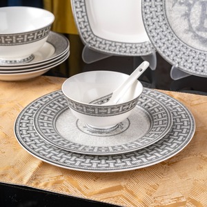 ชุดอาหารค่ำลายโมเสคสีเทาหรูหรา ชุดจานชามพอร์ซเลนขายดี 58 ชิ้น สำหรับสิบคน - Product Image 3